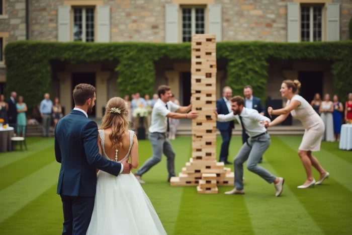 Mariés et invités jouant à un jeu de Jenga géant sur la terrasse d'un château lors d'une réception de mariage festive
