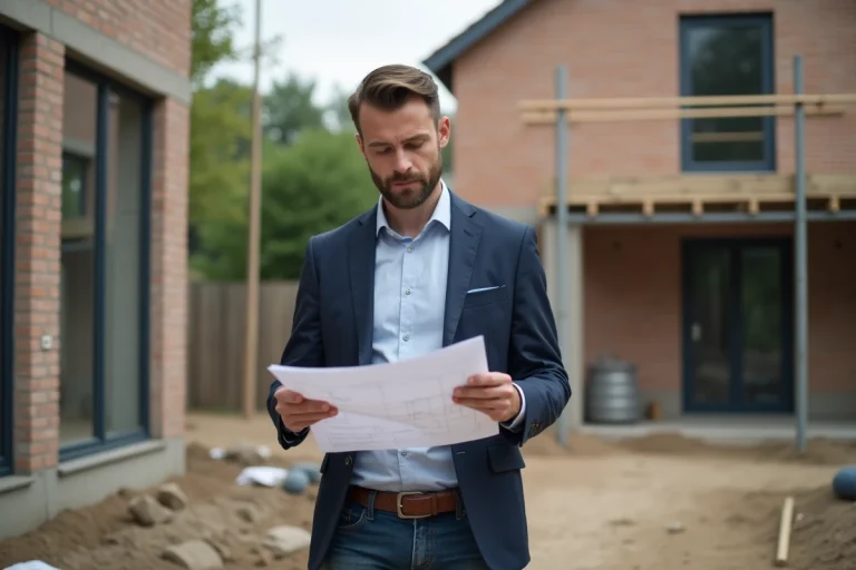Jeune architecte en extérieur examinant des plans de construction