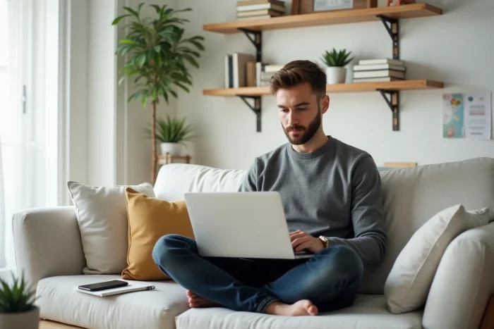 Jeune entrepreneur travaillant depuis son bureau à domicile sur une plateforme de services en ligne pour booster son activité professionnelle