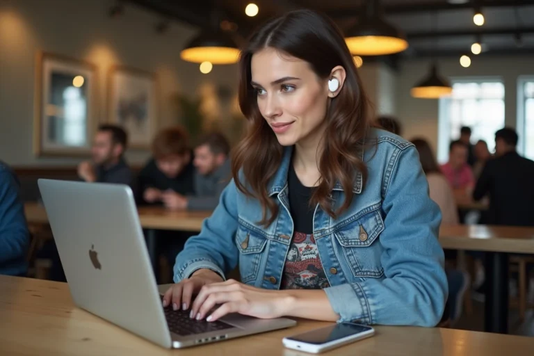 Jeune femme au café utilisant un ordinateur portable