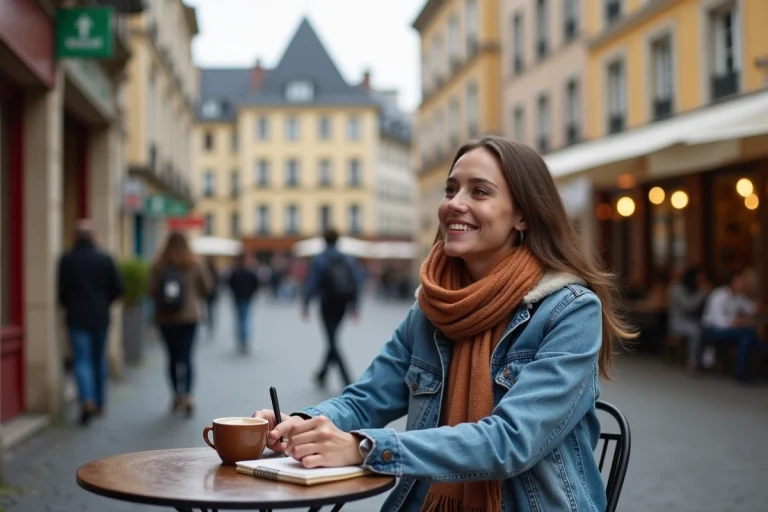 Jeune femme souriante dans un café en ville
