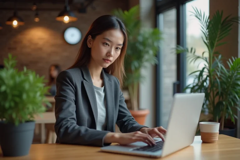 Jeune femme en blazer au coworking moderne