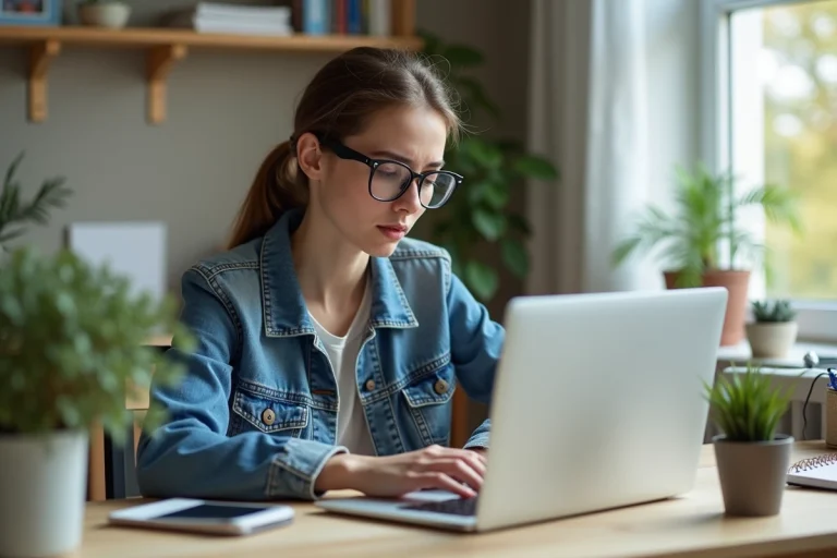 Jeune femme en étude concentrée avec ordinateur portable
