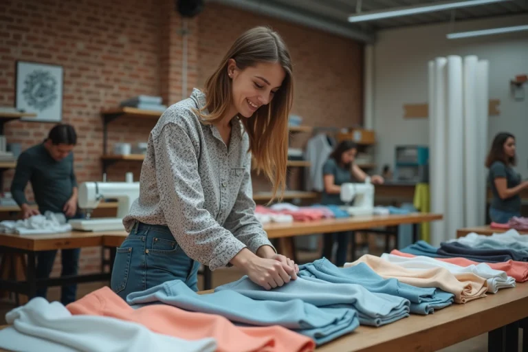 Jeune femme inspectant des tissus dans un atelier textile lumineux