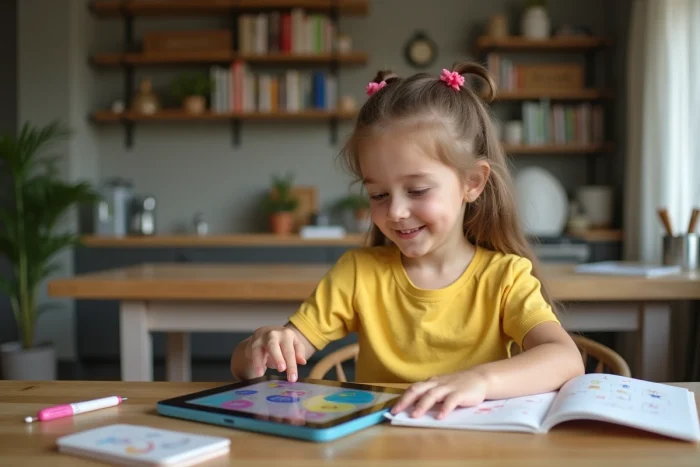 Jeune fille souriante utilisant une tablette éducative à la maison