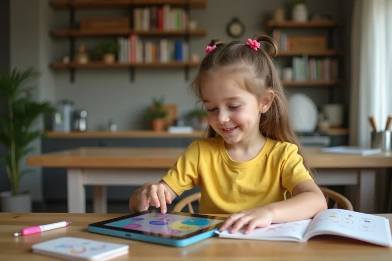 Jeune fille souriante utilisant une tablette éducative à la maison