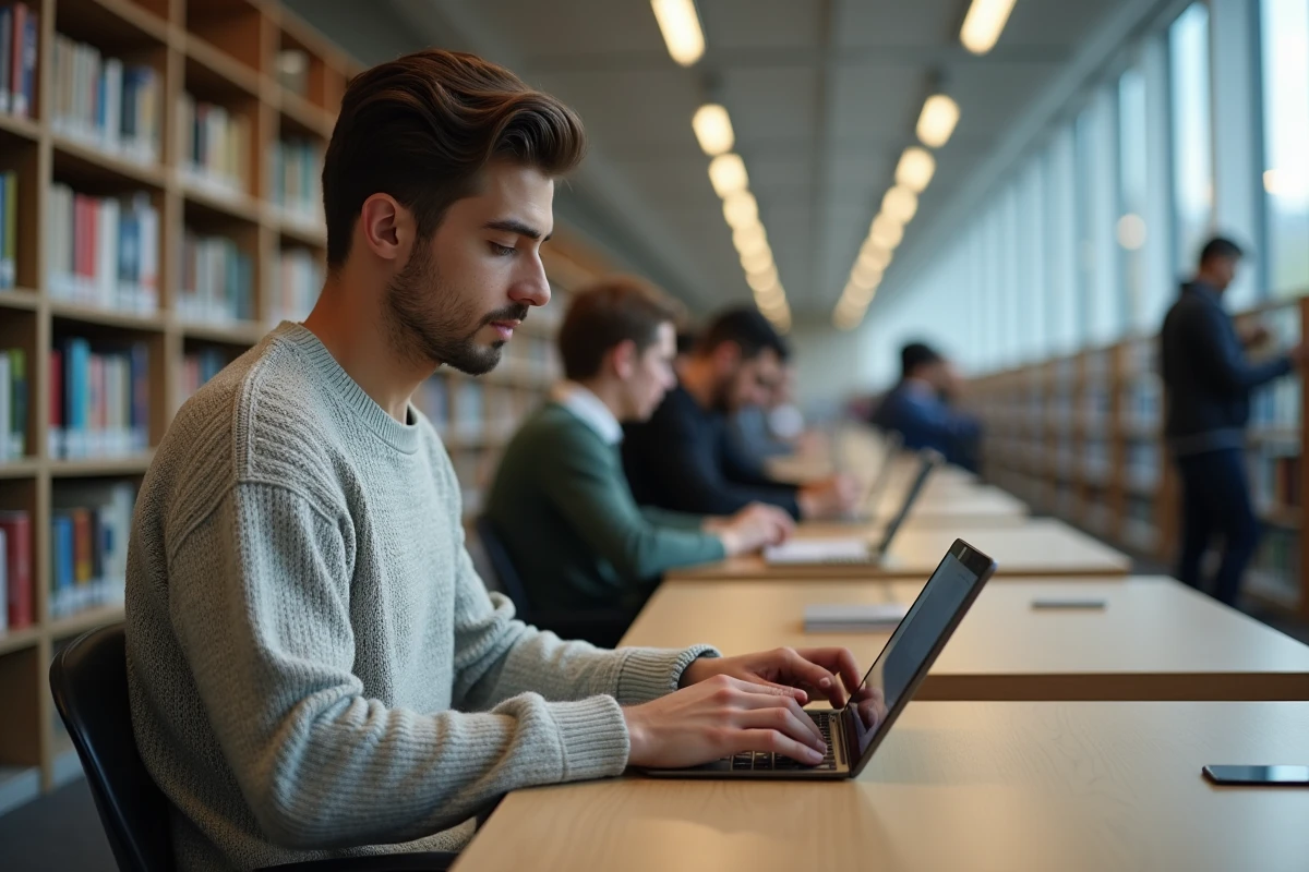 Jeune homme vérifiant son dossier DALO sur une tablette à la bibliothèque