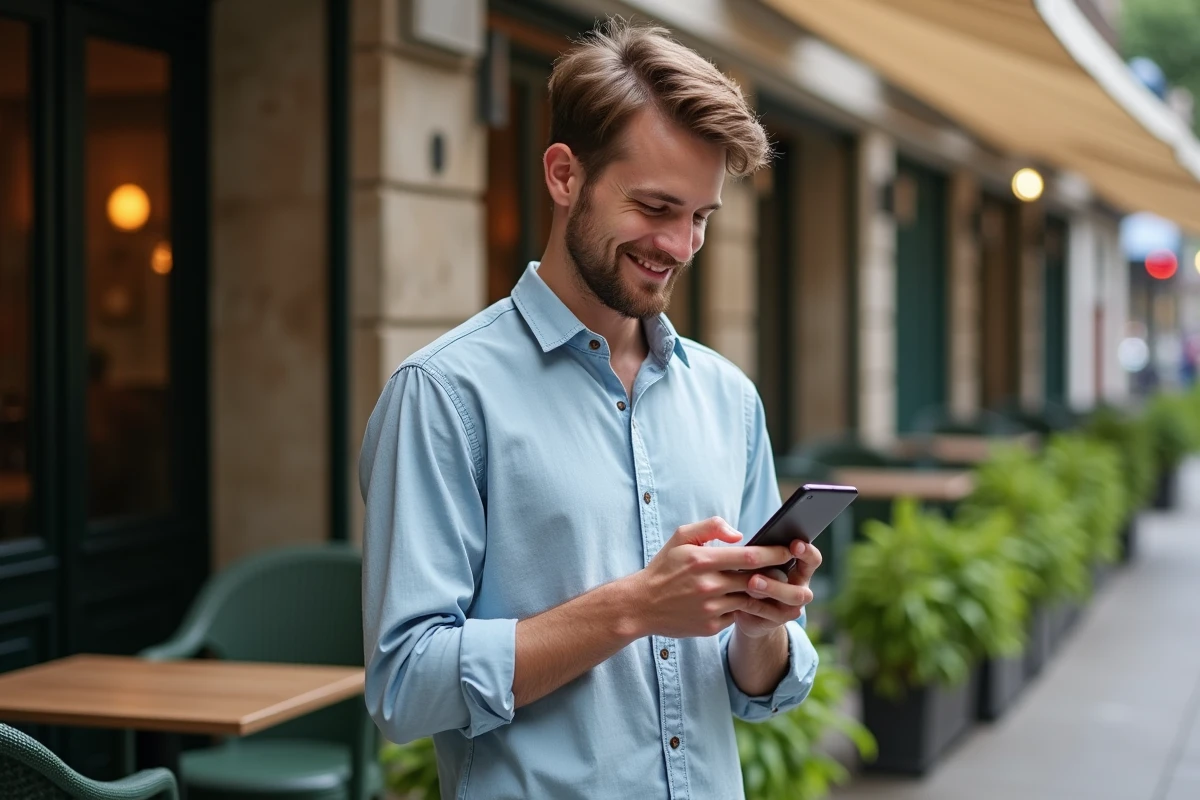 Jeune homme dehors vérifiant son smartphone dans un café