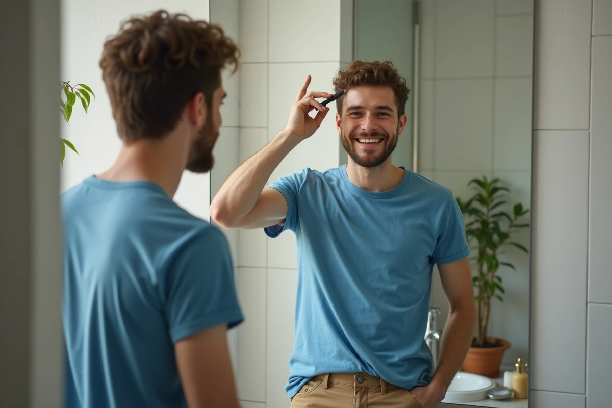Jeune homme se coiffant devant un miroir de salle de bain