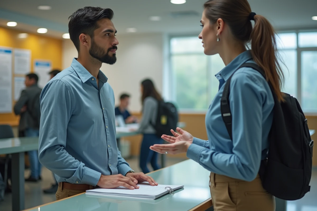 Jeune homme discutant avec un conseiller en orientation dans un centre urbain