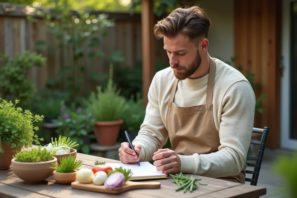 Jeune homme dans le jardin avec des herbes fraîches