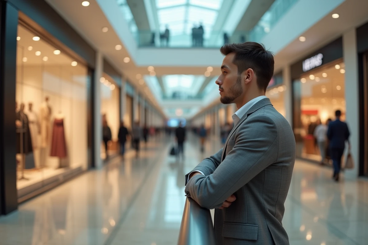 Jeune homme dans un centre commercial regardant une boutique vide