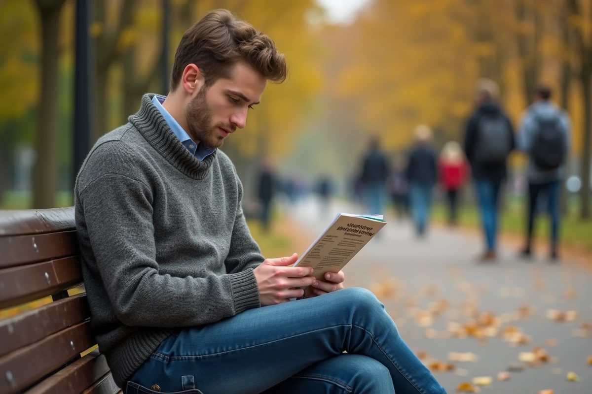 Jeune homme assis sur un banc dans un parc en automne