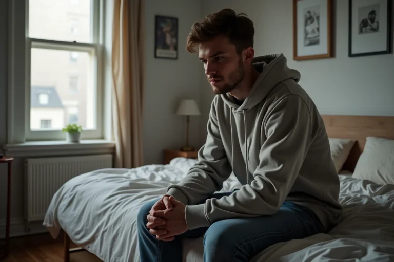 Jeune homme pensif dans sa chambre en mode casual
