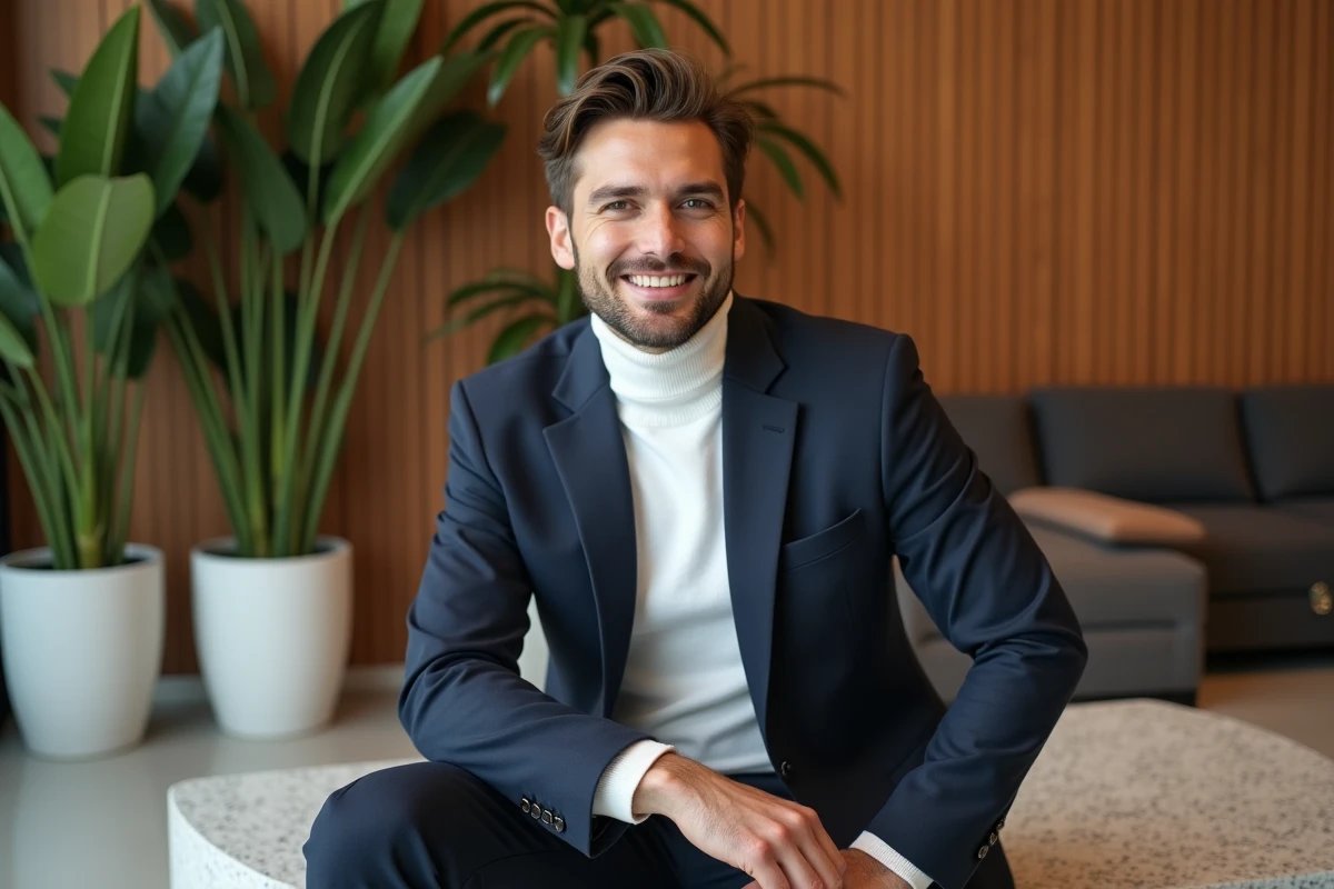 Jeune homme en blazer navy dans un salon moderne
