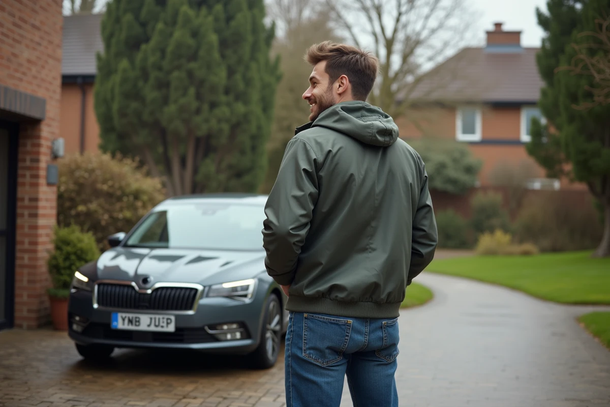 Jeune homme verrouillant sa voiture dans la cour