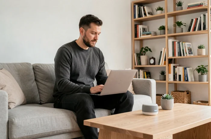 Homme utilisant un ordinateur portable et un assistant IA dans un salon connecté au design scandinave