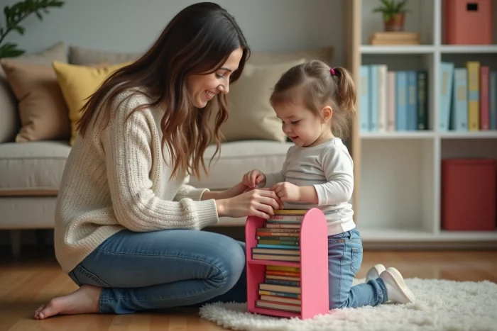 Maman et sa fille organisent une bibliothèque dans un salon chaleureux