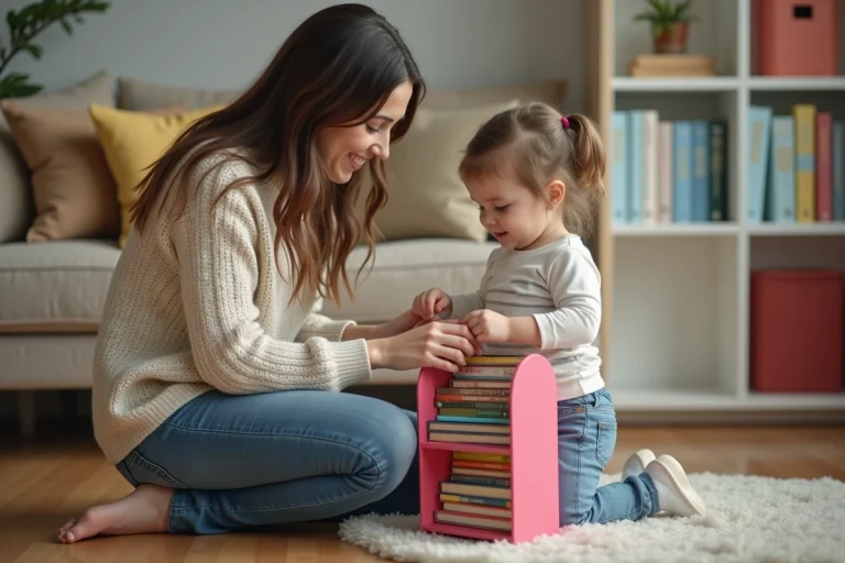 Maman et sa fille organisent une bibliothèque dans un salon chaleureux