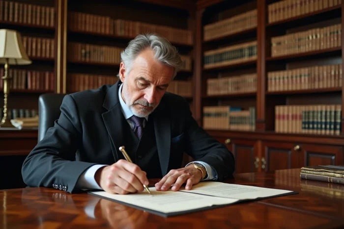 Notaire tampon nant un acte hypothécaire officiel dans un bureau notarial traditionnel français avec diplômes et archives juridiques