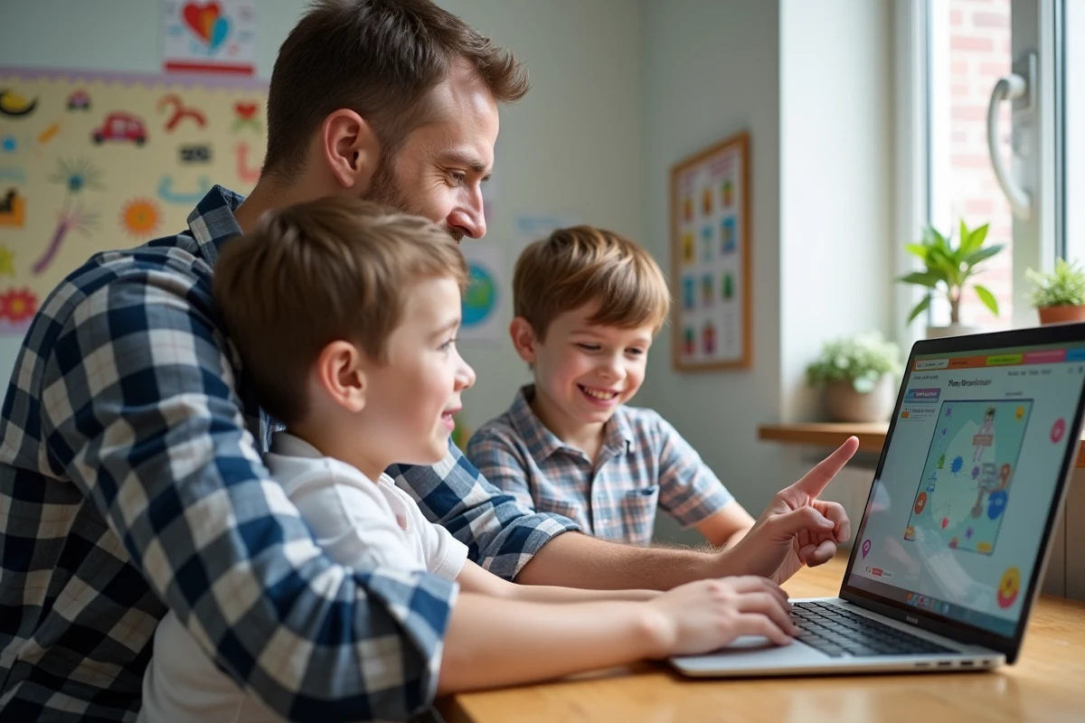 Père et enfant regardant un site éducatif sur un ordinateur à la maison