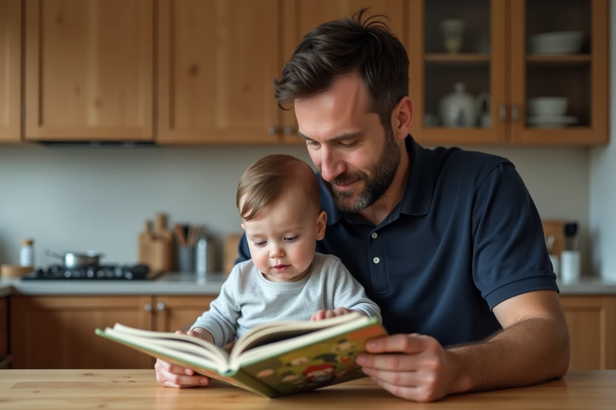 Papa lit un livre à son bébé dans la cuisine familiale