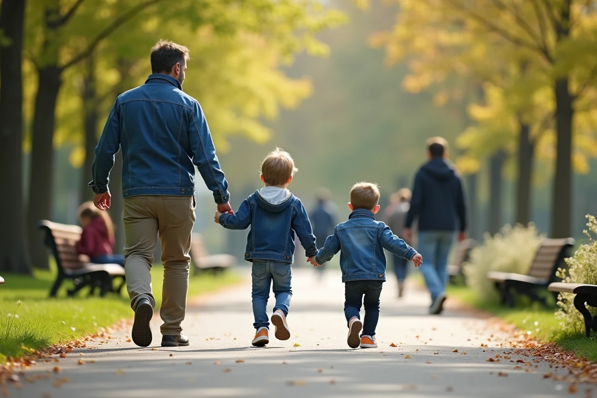 Père marchant avec ses enfants dans un parc