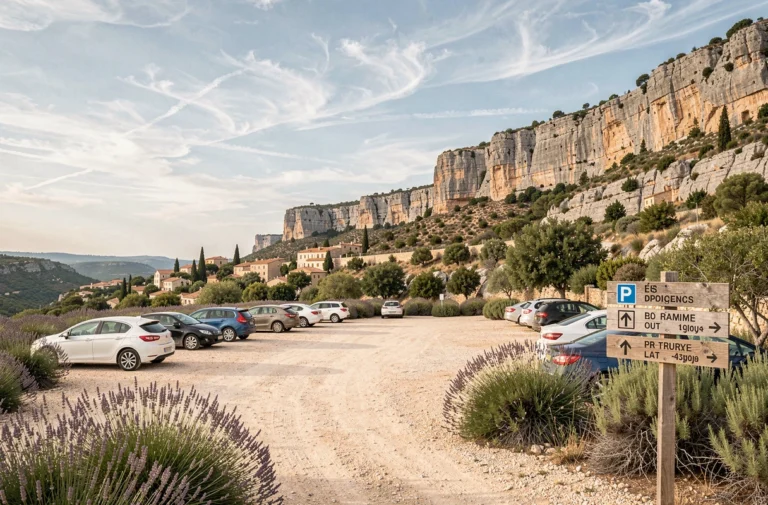 Parking en gravier aux Baux-de-Provence avec vue sur les falaises calcaires et panneau de signalisation