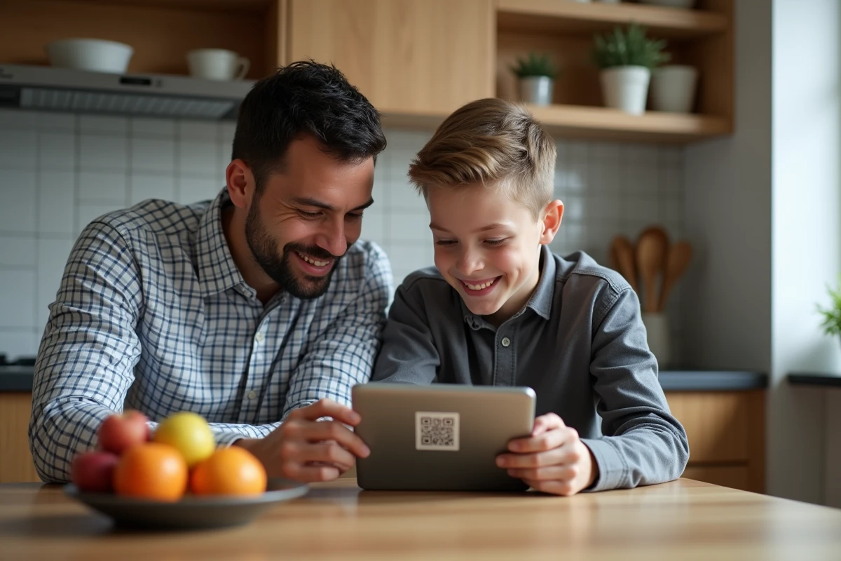 Homme et adolescent partageant un code wifi à la cuisine