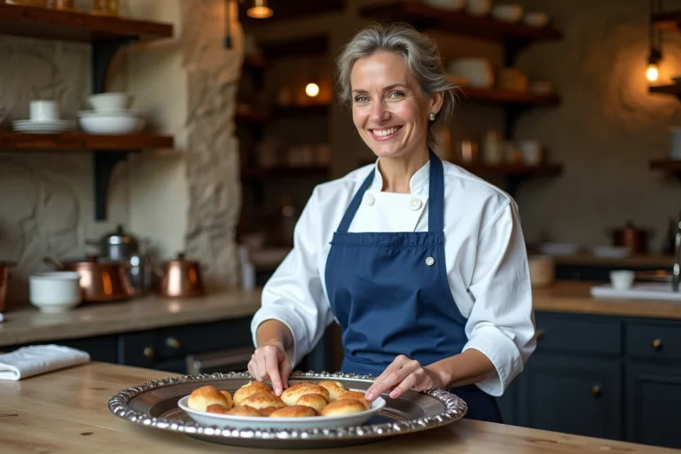 Chef pâtissière souriante dans la cuisine du château