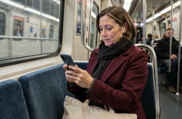 Femme regardant un épisode de Plus belle la vie en avance sur son smartphone dans le métro pendant son trajet