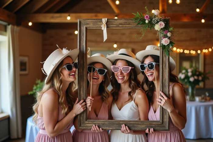 Trois demoiselles d'honneur s'amusant dans un photobooth de mariage avec accessoires humoristiques dans une grange décorée