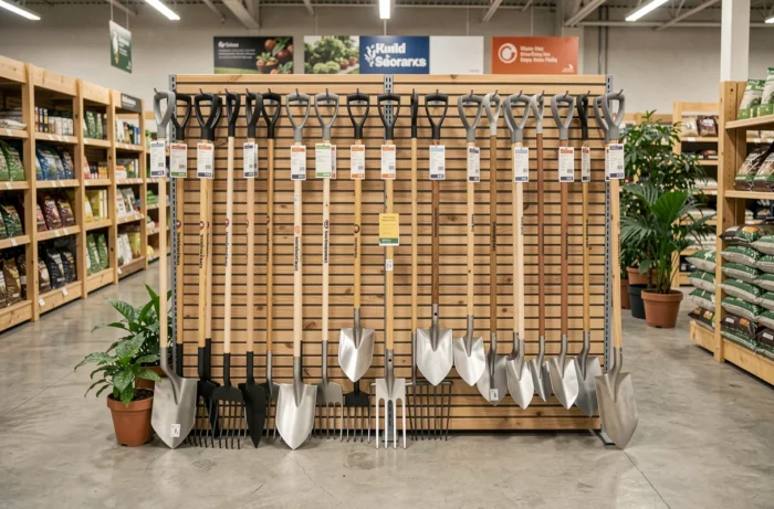 Rayon d'une jardinerie présentant un large choix d'équipements de jardin ergonomiques accrochés sur un mur en bois et métal