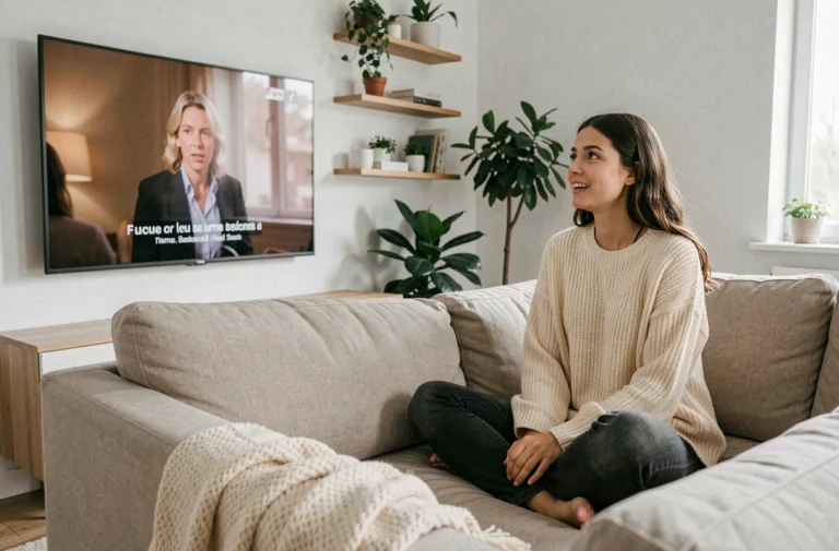 Jeune femme regardant la série Plus belle la vie en avance sur sa télévision dans un salon moderne et cosy