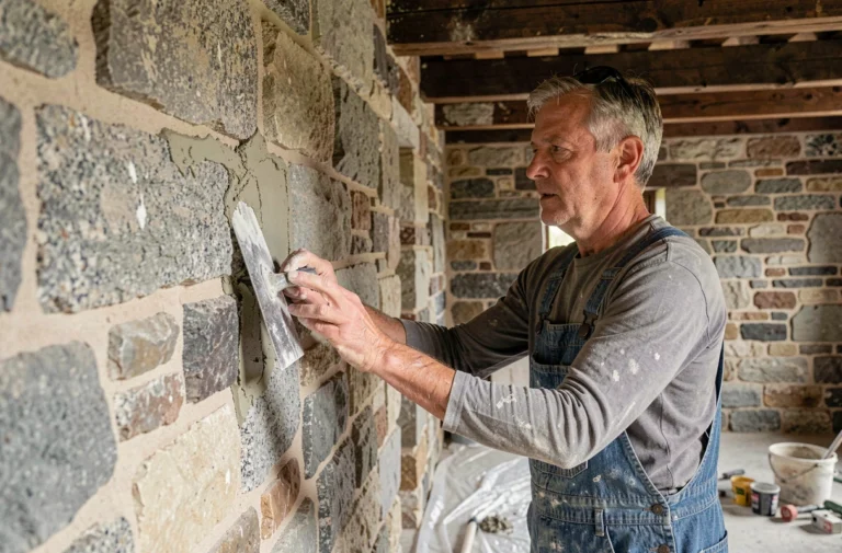 Artisan appliquant un enduit à la chaux sur un mur en pierre de granit dans une maison bretonne en cours de rénovation