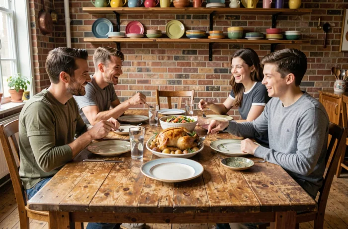 Famille réunie autour d'un repas convivial avec poulet rôti et légumes sur une table en bois rustique