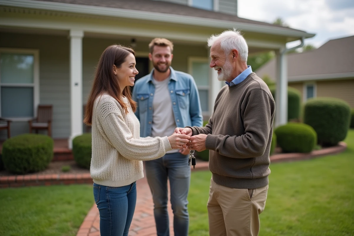Homme âgé remettant des clés à un couple devant une maison