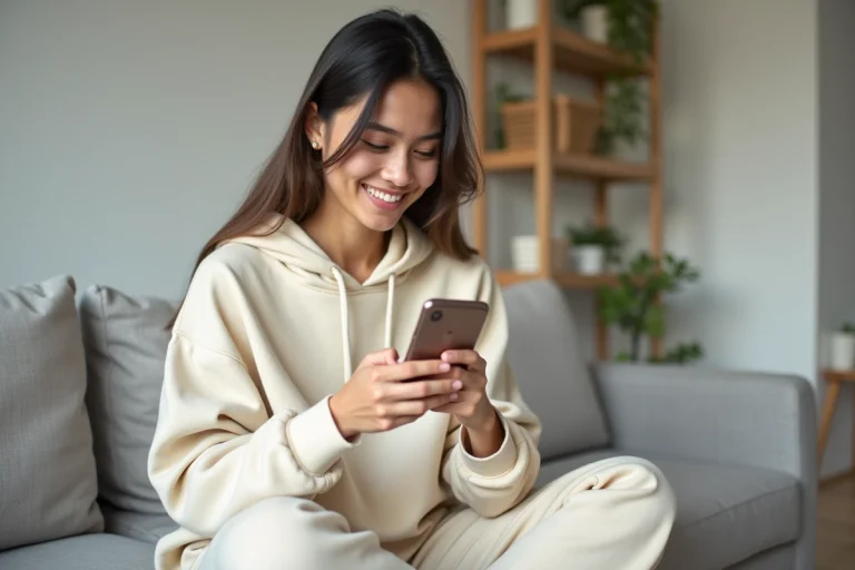 Jeune femme consultant son téléphone Snapchat et découvrant la signification des cœurs jaune et rose