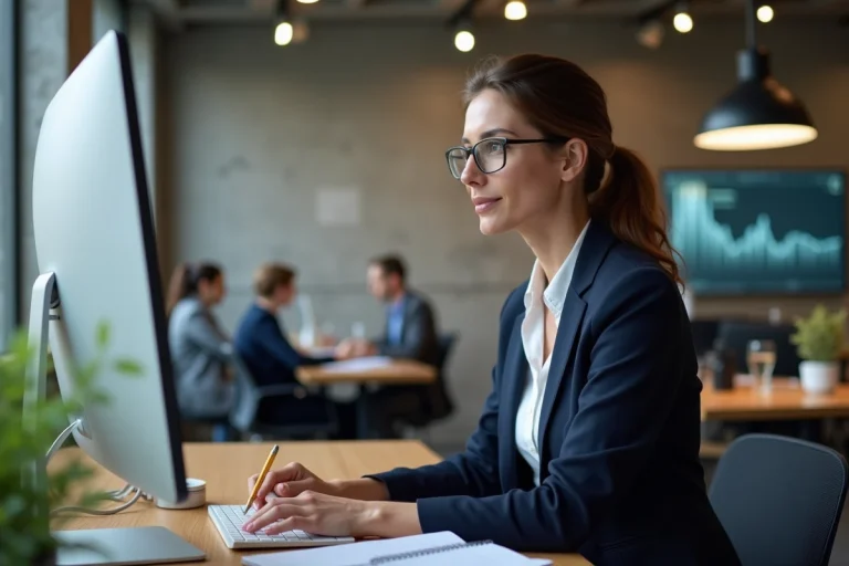 Femme professionnelle analysant une stratégie marketing digital sur un écran d'ordinateur dans un bureau moderne