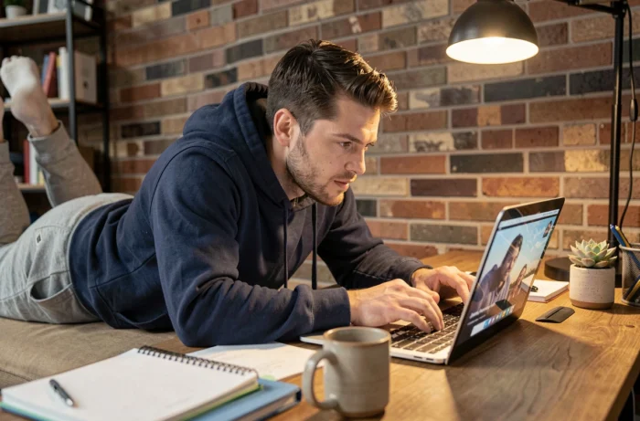 Homme regardant un épisode de PBLV en streaming sur son ordinateur portable dans un bureau à domicile