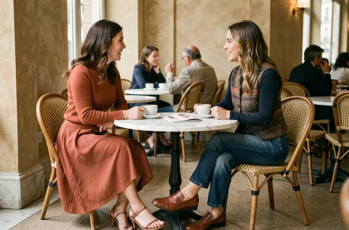 Deux femmes tendance assises dans un café parisien, portant des tenues contrastées aux couleurs de saison — jupe midi terracotta et gilet jacquard — illustrant les incontournables de la mode automne