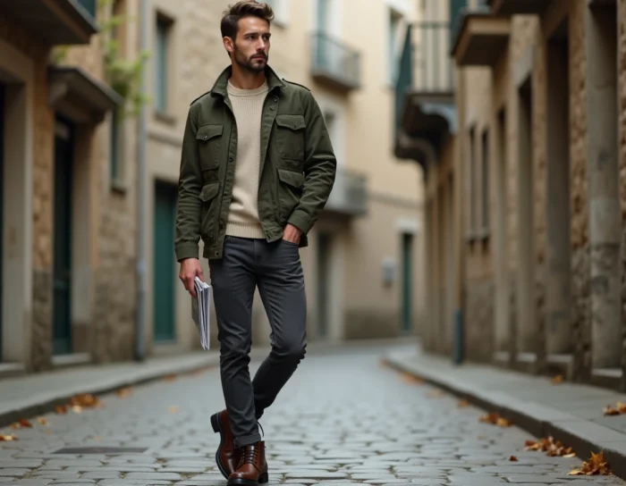Homme stylé en veste utilitaire olive et boots en cuir posant dans une rue pavée d'un quartier historique européen en automne, illustrant les tendances mode masculines de la saison