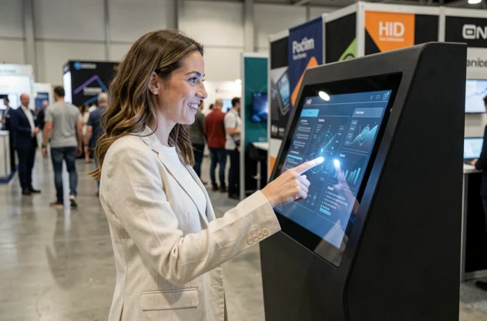 Femme interagissant avec un écran tactile lors d'un salon de l'innovation technologique