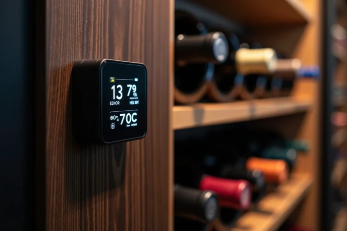 Thermomètre numérique de cave à vin affichant 13 degrés Celsius et taux d'humidité idéal pour la conservation des bouteilles