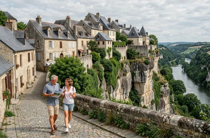 Couple visitant le village de Saint-Cirq-Lapopie dans le Lot pour un projet d'investissement immobilier