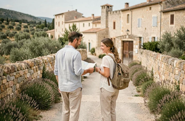 Couple se dirigeant du parking vers l'entrée du village des Baux-de-Provence avec une carte en main